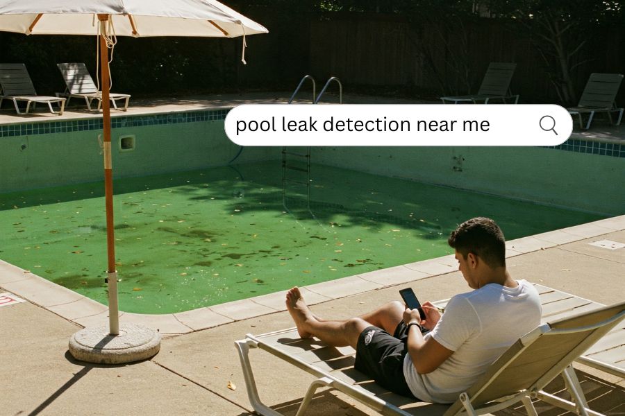 ai image of a pool leaking and someone searching for a leak detection