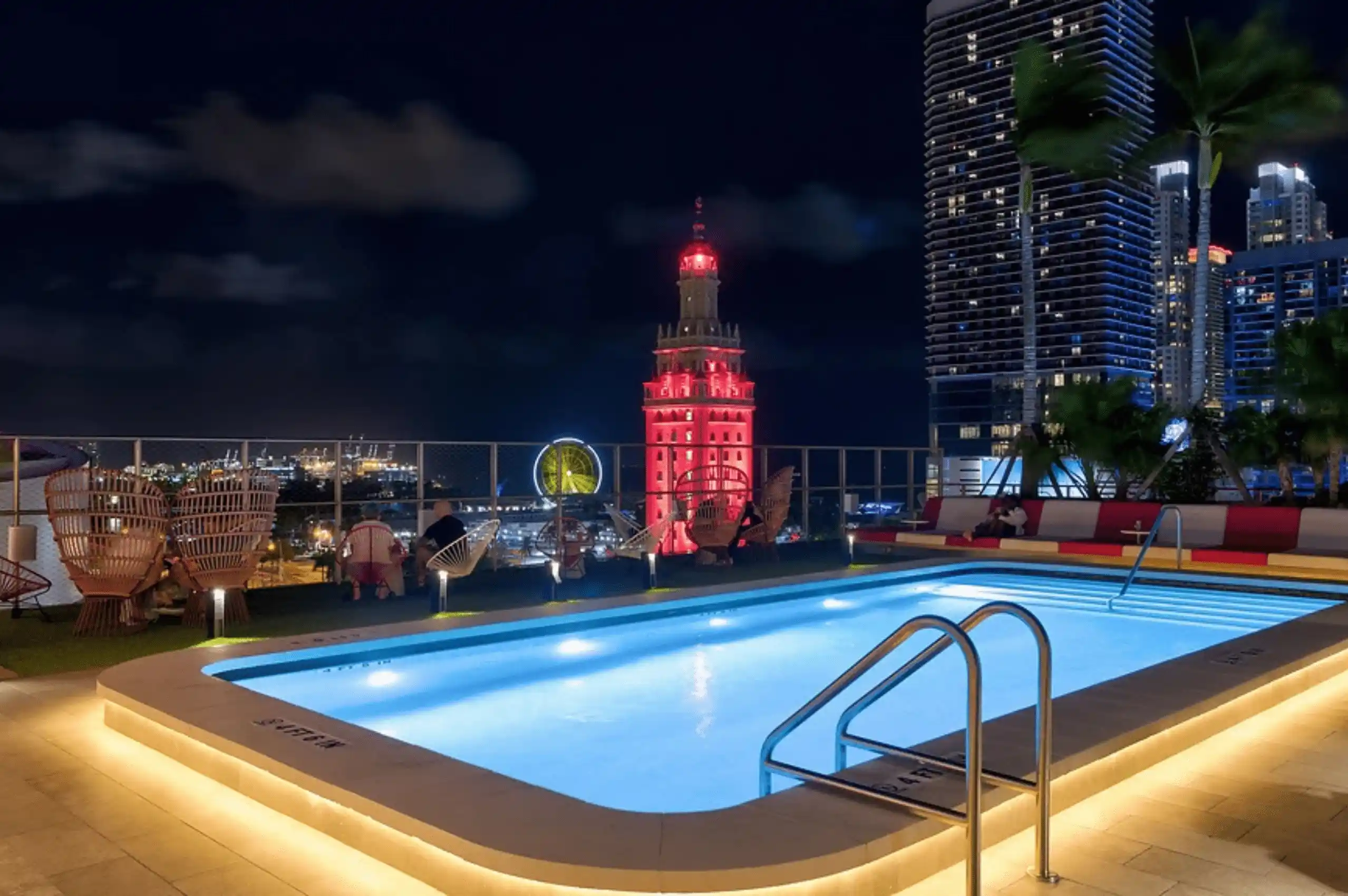 Pool from the cocktail bar on the rooftop of the citizenM Miami World Center Hotel comes courtesy of Freehold Hospitality